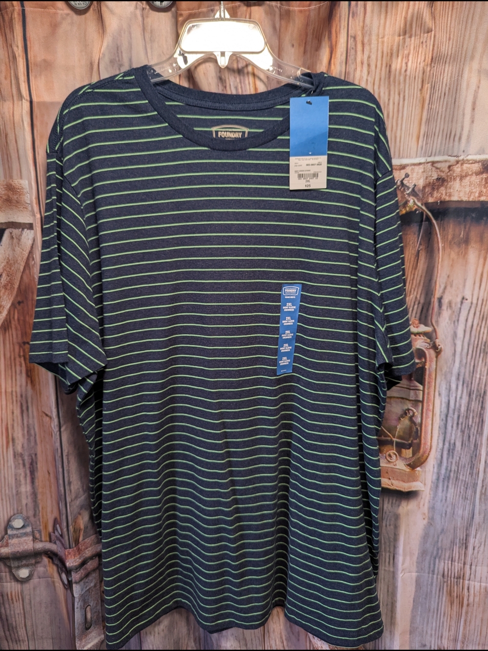 The Foundry Supply Co. Navy T‑Shirt with Lime Green Stripes
